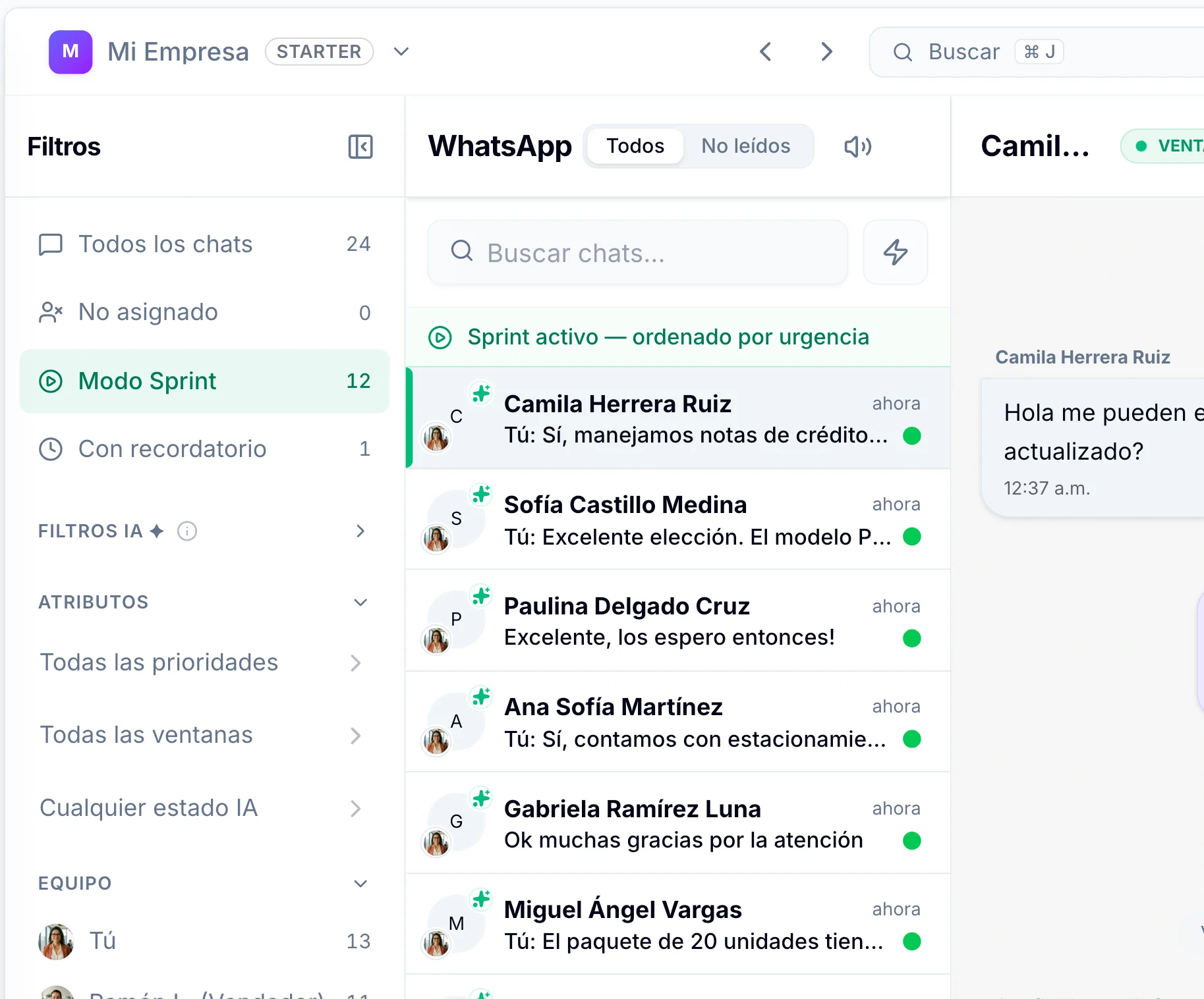 Modo Sprint de Relevant CRM — inbox ordenado por urgencia